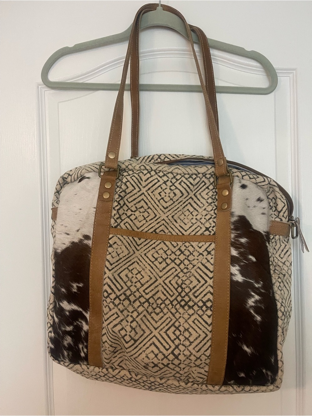 Boho Patterned Brown & Cream Tote Bag with Leather Straps